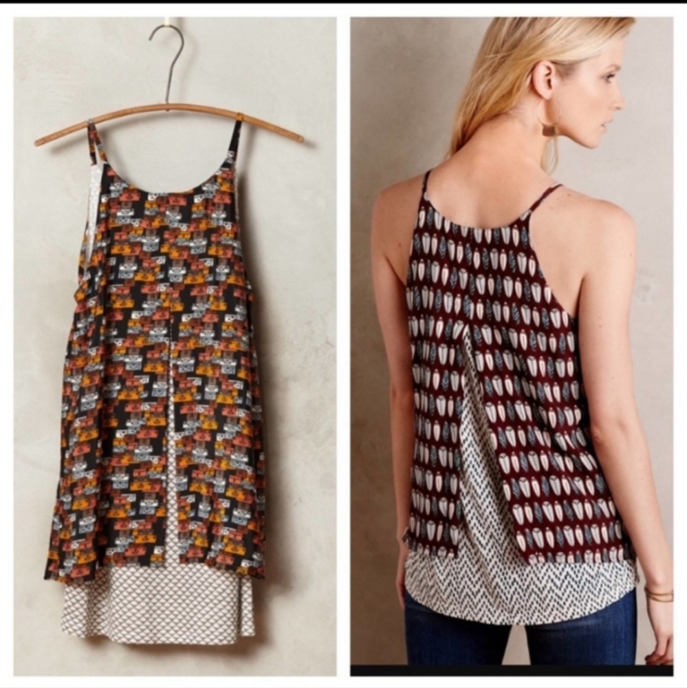 Anthropologie Porridge Layered Swing Top Blouse S Suitcase Bags Motif! EUC
